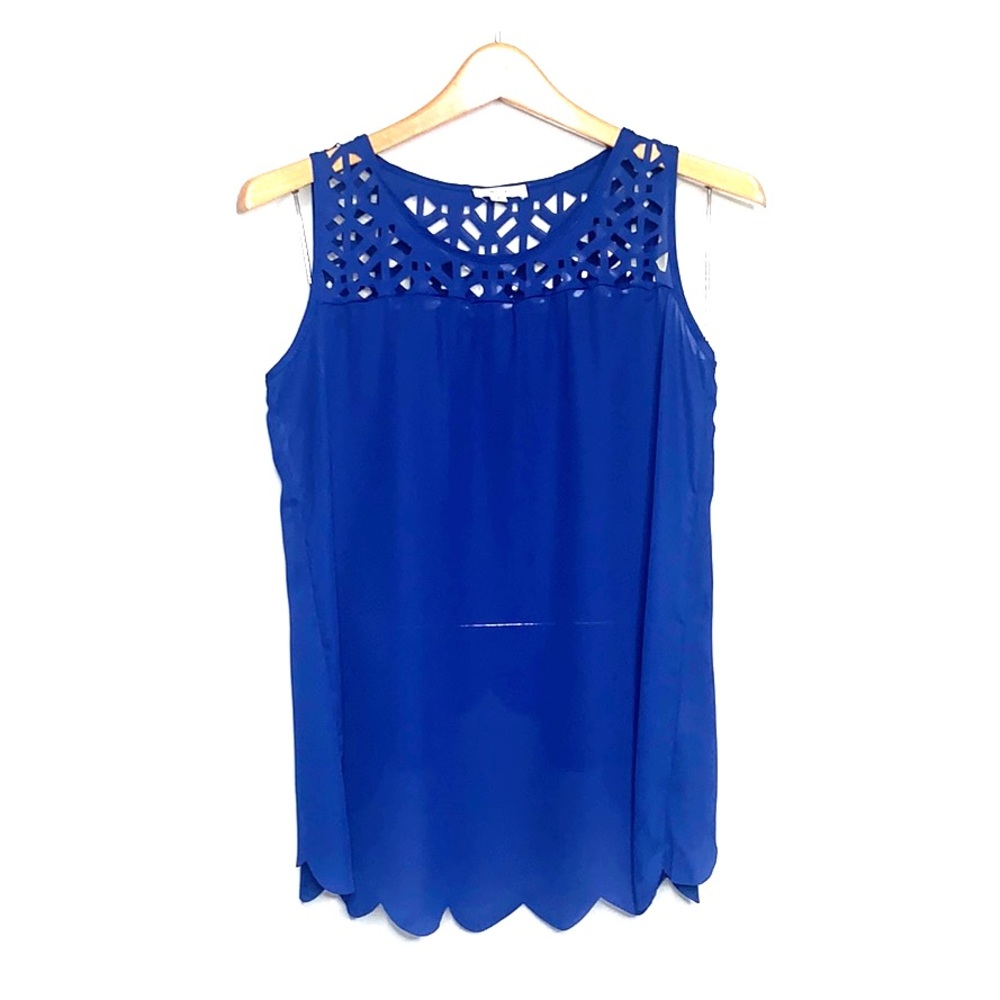 New MINE Navy Blue Scalloped Open Back Cutout Top
